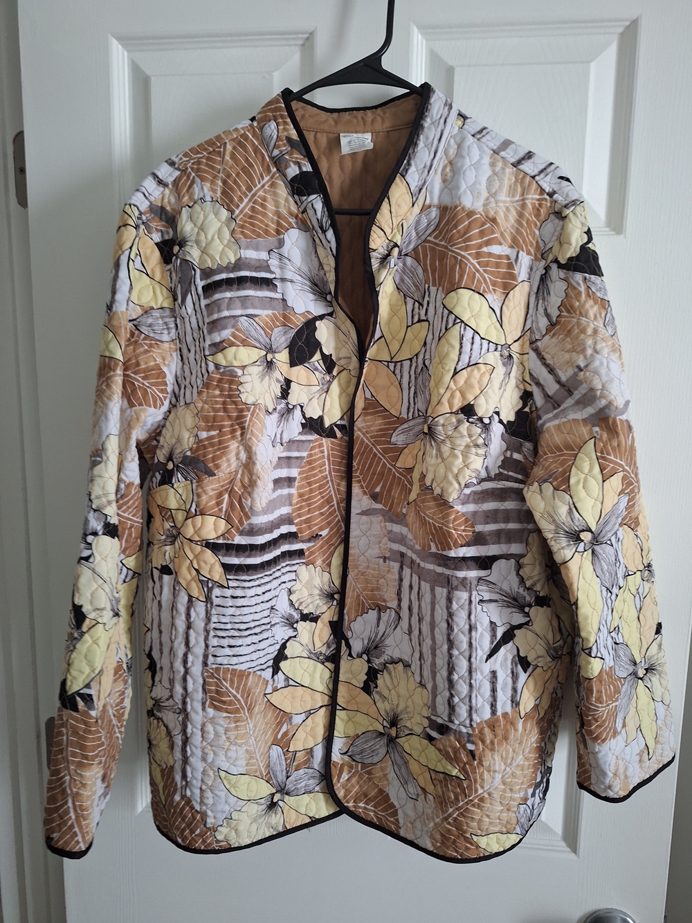 Alfred Dunner Floral Quilted Jacket in Yellow, Tan & Black Trim